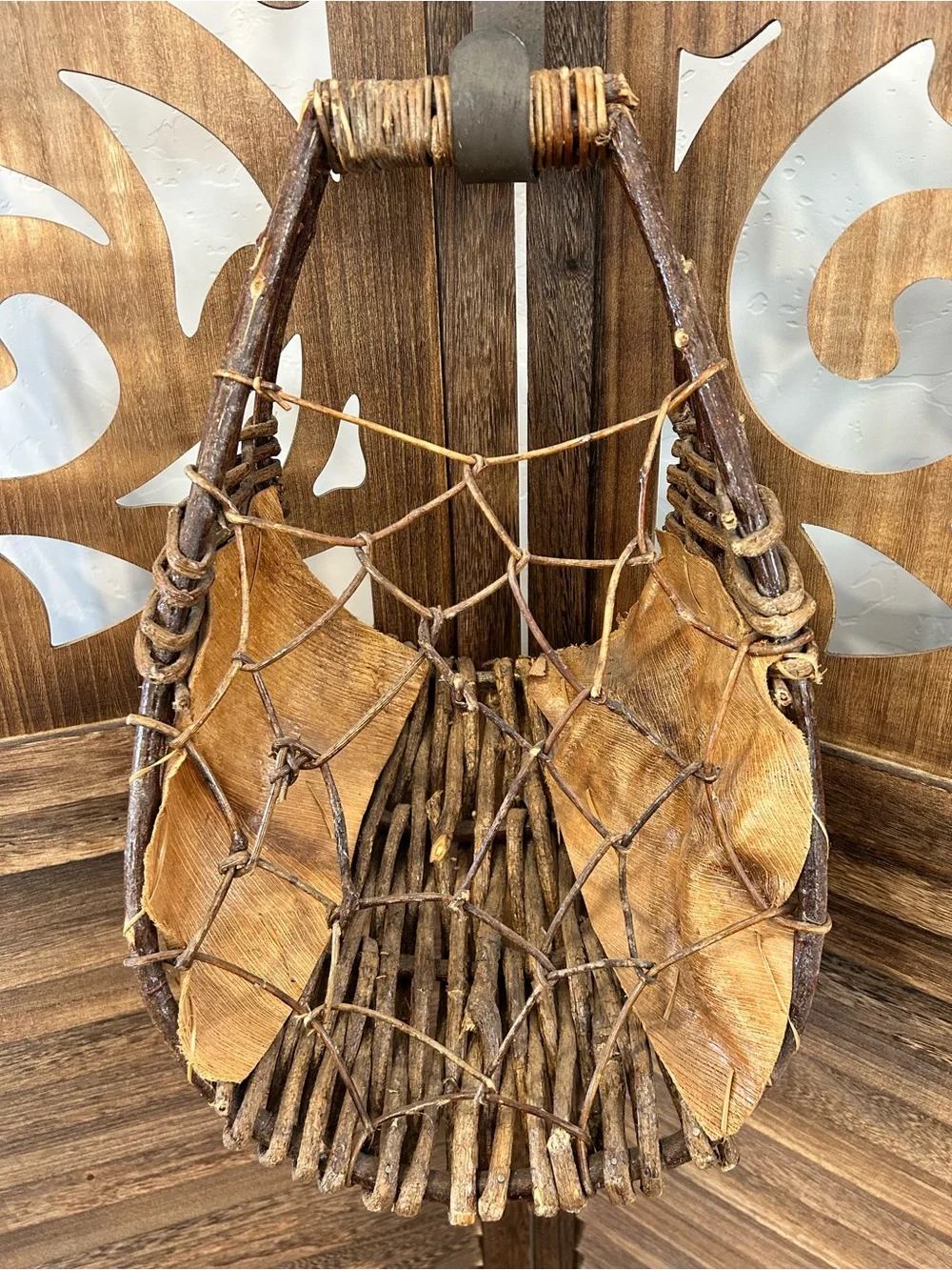 Vtg Palm Leaf & Woven Twig Hanging Wall Basket 17